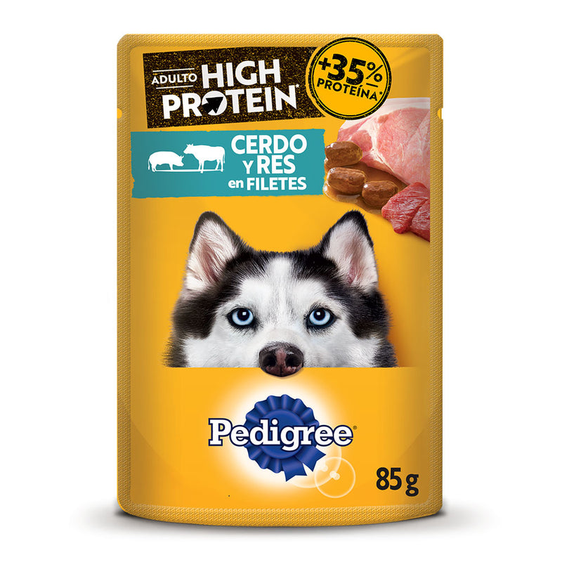 PEDIGREE POUCH HIGH PROTEIN CERDO Y RES 85 GR