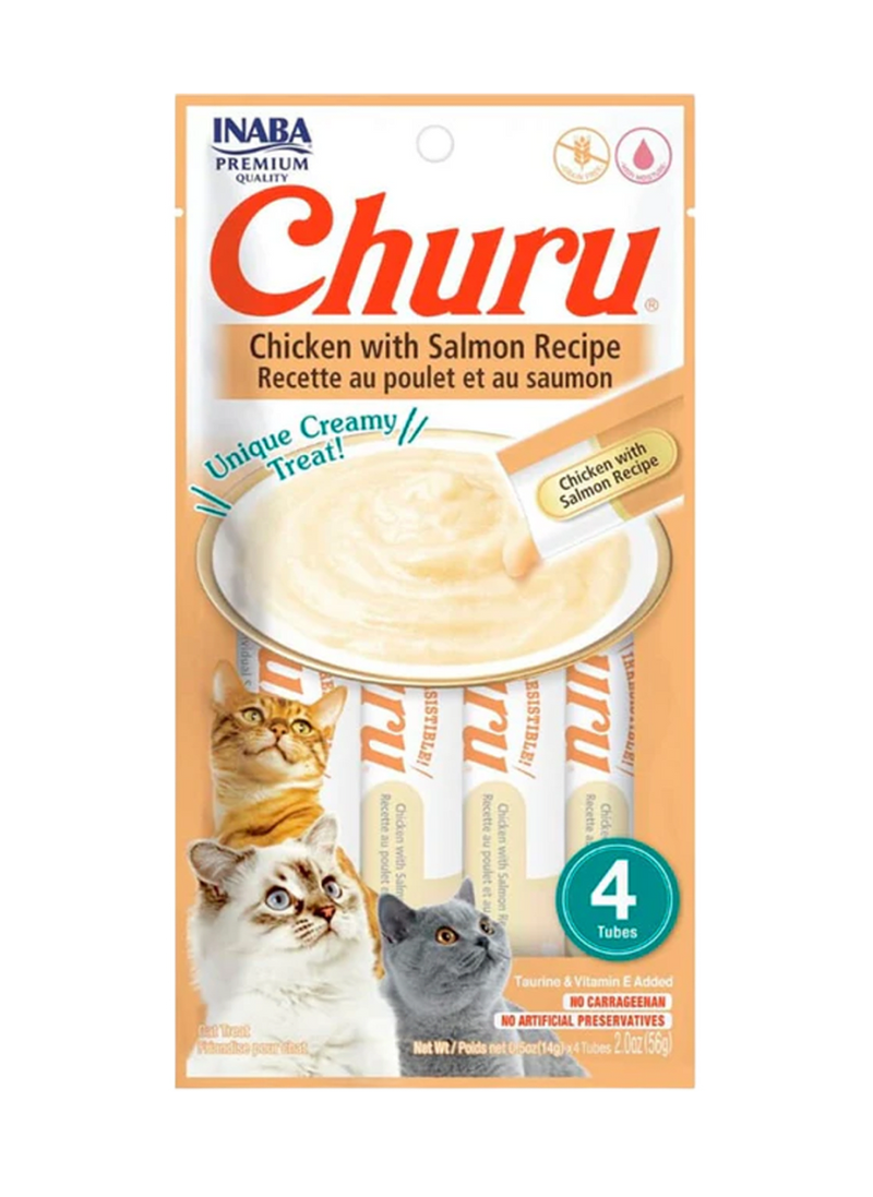 CHURU GATO SABOR A POLLO Y SALMÓN X 56 GR 4 UND